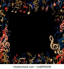 Square Frame of Musical Symbols. Creative Background with Notes, Bass and Treble Clefs. Vector Element for Musical Poster, Banner, Advertising, Card. Minimalistic Simple Background.