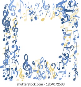 Square Frame of Musical Symbols. Creative Background with Notes, Bass and Treble Clefs. Vector Element for Musical Poster, Banner, Advertising, Card. Minimalistic Simple Background.