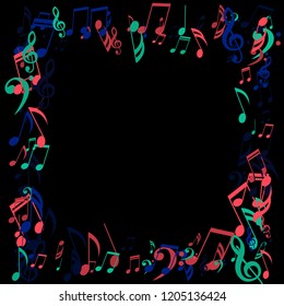 Square Frame of Musical Symbols. Creative Background with Notes, Bass and Treble Clefs. Vector Element for Musical Poster, Banner, Advertising, Card. Minimalistic Simple Background.