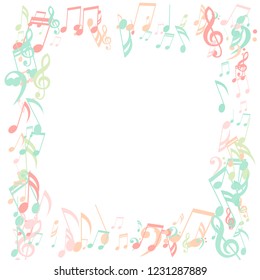 Square Frame of Musical Symbols. Creative Background with Notes, Bass and Treble Clefs. Vector Element for Musical Poster, Banner, Advertising, Card. Minimalistic Simple Background.