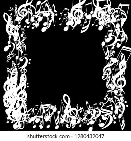 Square Frame of Musical Symbols. Creative Background with Notes, Bass and Treble Clefs. Vector Element for Musical Poster, Banner, Advertising, Card. Minimalistic Simple Background.