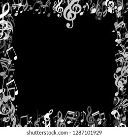 Square Frame of Musical Symbols. Creative Background with Notes, Bass and Treble Clefs. Vector Element for Musical Poster, Banner, Advertising, Card. Minimalistic Simple Background.