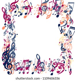 Square Frame of Musical Symbols. Modern Background with Notes, Bass and Treble Clefs. Vector Element for Musical Poster, Banner, Advertising, Card. Minimalistic Simple Background.