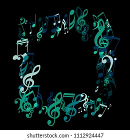 Square Frame of Musical Symbols. Modern Background with Notes, Bass and Treble Clefs. Vector Element for Musical Poster, Banner, Advertising, Card. Minimalistic Simple Background.