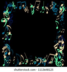 Square Frame of Musical Symbols. Modern Background with Notes, Bass and Treble Clefs. Vector Element for Musical Poster, Banner, Advertising, Card. Minimalistic Simple Background.