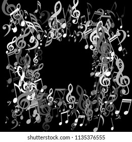 Square Frame of Musical Symbols. Modern Background with Notes, Bass and Treble Clefs. Vector Element for Musical Poster, Banner, Advertising, Card. Minimalistic Simple Background.