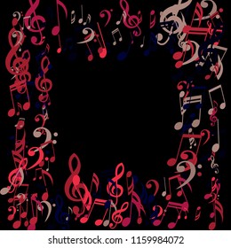 Square Frame of Musical Symbols. Modern Background with Notes, Bass and Treble Clefs. Vector Element for Musical Poster, Banner, Advertising, Card. Minimalistic Simple Background.