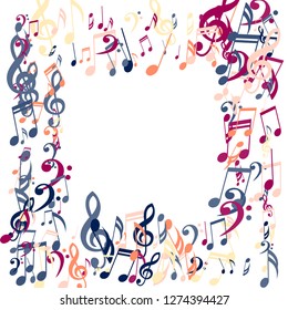 Square Frame of Musical Symbols. Modern Background with Notes, Bass and Treble Clefs. Vector Element for Musical Poster, Banner, Advertising, Card. Minimalistic Simple Background.