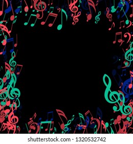 Square Frame of Musical Symbols. Modern Background with Notes, Bass and Treble Clefs. Vector Element for Musical Poster, Banner, Advertising, Card. Minimalistic Simple Background.