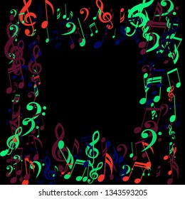 Square Frame of Musical Symbols. Modern Background with Notes, Bass and Treble Clefs. Vector Element for Musical Poster, Banner, Advertising, Card. Minimalistic Simple Background.