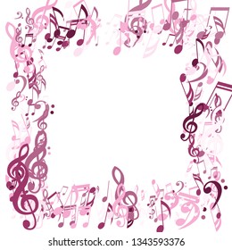Square Frame of Musical Symbols. Modern Background with Notes, Bass and Treble Clefs. Vector Element for Musical Poster, Banner, Advertising, Card. Minimalistic Simple Background.