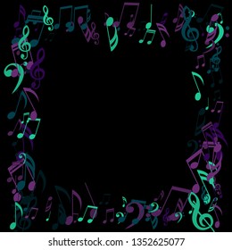 Square Frame of Musical Symbols. Modern Background with Notes, Bass and Treble Clefs. Vector Element for Musical Poster, Banner, Advertising, Card. Minimalistic Simple Background.