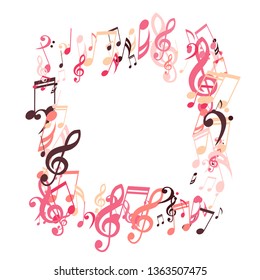 Square Frame of Musical Symbols. Modern Background with Notes, Bass and Treble Clefs. Vector Element for Musical Poster, Banner, Advertising, Card. Minimalistic Simple Background.