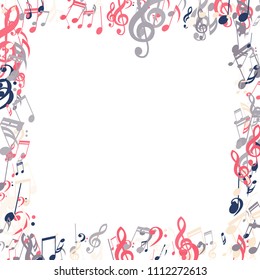Square Frame of Musical Symbols. Trendy Background with Notes, Bass and Treble Clefs. Vector Element for Musical Poster, Banner, Advertising, Card. Minimalistic Simple Background.