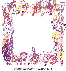 Square Frame of Musical Symbols. Trendy Background with Notes, Bass and Treble Clefs. Vector Element for Musical Poster, Banner, Advertising, Card. Minimalistic Simple Background.