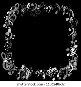 Square Frame of Musical Symbols. Trendy Background with Notes, Bass and Treble Clefs. Vector Element for Musical Poster, Banner, Advertising, Card. Minimalistic Simple Background.