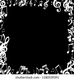 Square Frame of Musical Symbols. Trendy Background with Notes, Bass and Treble Clefs. Vector Element for Musical Poster, Banner, Advertising, Card. Minimalistic Simple Background.