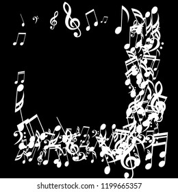 Square Frame of Musical Symbols. Trendy Background with Notes, Bass and Treble Clefs. Vector Element for Musical Poster, Banner, Advertising, Card. Minimalistic Simple Background.