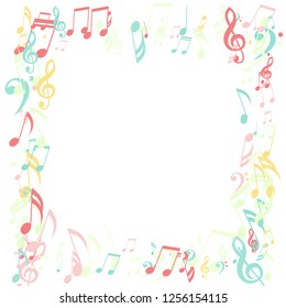 Square Frame of Musical Symbols. Trendy Background with Notes, Bass and Treble Clefs. Vector Element for Musical Poster, Banner, Advertising, Card. Minimalistic Simple Background.