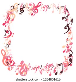 Square Frame of Musical Symbols. Trendy Background with Notes, Bass and Treble Clefs. Vector Element for Musical Poster, Banner, Advertising, Card. Minimalistic Simple Background.