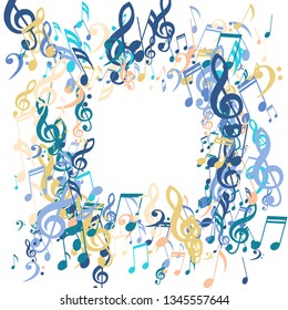 Square Frame of Musical Symbols. Trendy Background with Notes, Bass and Treble Clefs. Vector Element for Musical Poster, Banner, Advertising, Card. Minimalistic Simple Background.