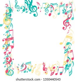 Square Frame of Musical Symbols. Trendy Background with Notes, Bass and Treble Clefs. Vector Element for Musical Poster, Banner, Advertising, Card. Minimalistic Simple Background.