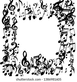Square Frame of Musical Symbols. Trendy Background with Notes, Bass and Treble Clefs. Vector Element for Musical Poster, Banner, Advertising, Card. Minimalistic Simple Background.