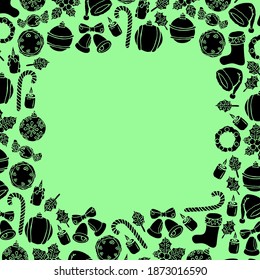 Square frame with New Year things, Christmas, green background, banner, poster, 98FB98, invitation, postcard, card, party, empty space, text space, advertising, signboard, greetings, december, winter