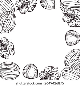 Moldura quadrada de nozes, nozes, avelãs, nozes na casca. Todos os objetos são desenhados à mão em tinta. A ilustração é adequada para impressão em tecido, papel, para design de embalagem do produto.