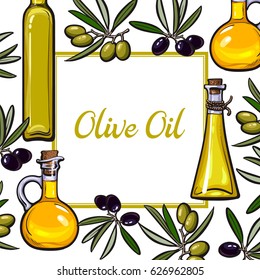 Square frame of olive branches and oil bottles with place for text, sketch vector illustration isolated on white background. Hand drawn olive oil square frame with place for text, bottles and branches