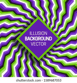 Square frame on green purple optical illusion hypnotic background of rotating broken stripes.