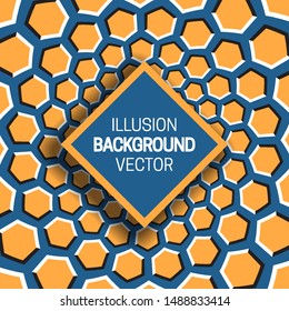 Square frame on orange blue optical illusion background of moving hexagons shapes.
