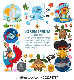 The square frame on the pirate theme. Hilarious characters in cartoon style for design of children's games and a variety of goods.