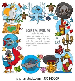 The square frame on the pirate theme. Hilarious characters in cartoon style for design of children's games and a variety of goods.