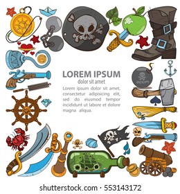 The square frame on the pirate theme. Hilarious characters in cartoon style for design of children's games and a variety of goods.
