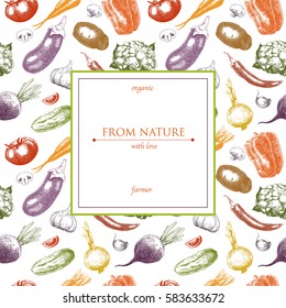 Square frame on seamless colorful hand drawn pattern with sketch of vegetables. Vector card, poster,banner, wrapping paper design with hand drawn organic food illustration.