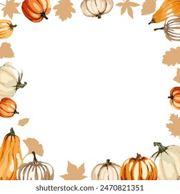 Square frame on a transparent background. Bright illustration with watercolor pumpkins in white and orange shades, autumn leaves. Eps10.