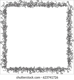 Square frame on white background made of question marks. White question marks with a black stroke. Vector illustration.
