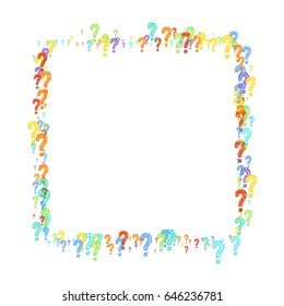 A square frame on a white background with daub question marks. Multicolored question marks with colorful strokes. Vector illustration. Scattered colorful question marks on a white background.