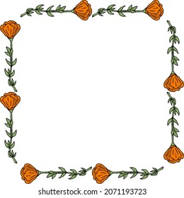 Square frame with orange flowers on white background. Vector image.
