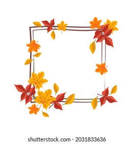 Square frame with orange and yellow maple leaves. Bright autumn wreath with gifts of nature and branches with empty space for text