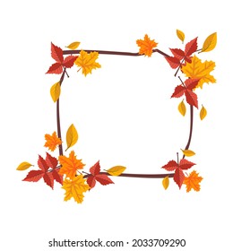 Square frame with orange and yellow maple leaves. Bright autumn wreath with gifts of nature and branches with empty space for text