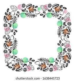 square frame, with an ornament of Easter eggs, leaves and branches. Drawn in ink in the style of doodle, zenart, decorated with watercolor stains of turquoise and pink