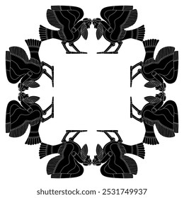 Square frame ornament with funny winged bird men. Ancient Greek male siren or harpy. Fantastic mythological creature. Vase painting style. Black and white silhouette.