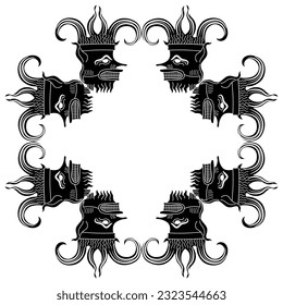 Square frame or ornament with heads of medieval monster demons. Black and white silhouette.