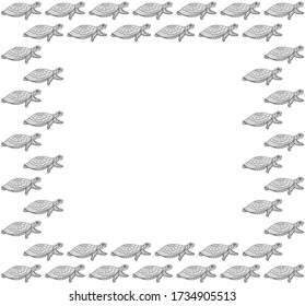Square frame of ornamental sea turtles in zentangle style on a white background. Isolated black outline doodle aquatic animals for print, invitation, banner, graphic design. Hand drawing. Vector.