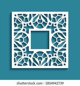 Square frame with ornate border pattern, cutout paper swirls ornament, elegant template for cutting, vector lace decoration for wedding invitation card design with place for text