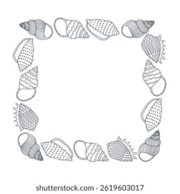 Quadro quadrado com conchas azuis contorno. Elemento de design para impressão, cartão e convite. Ilustração isolada de vetor