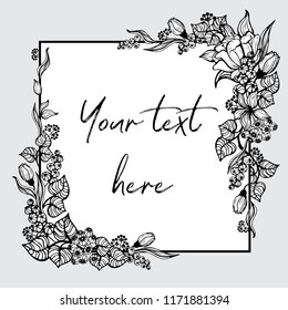 A square frame with painted flowers. Black and white graphic flowers, leaves and berries are located in the corners of the field for the inscription.