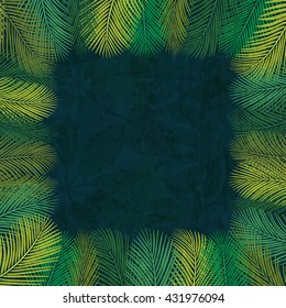 Square frame with palm leaves on dark background. Place for your text or photo. For poster, cover, banner, card, invitation, packaging design. Jungle pattern.